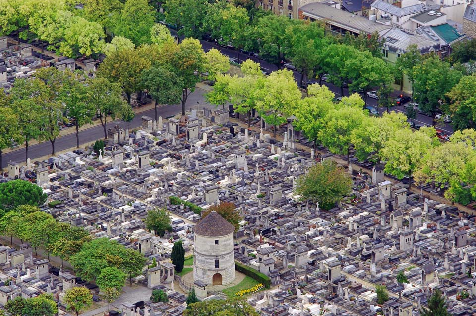 Aerial view of the windmill and graves in Montparnasse Cemetery.