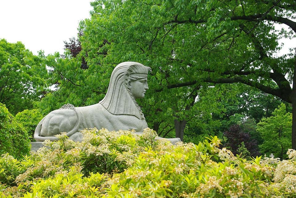 Side view of the Mount Auburn Sphinx sculpture.