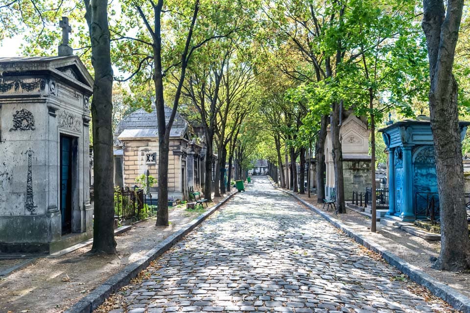 Cobblestone path framed by trees and tomb vaults in Montmartre Cemetery.