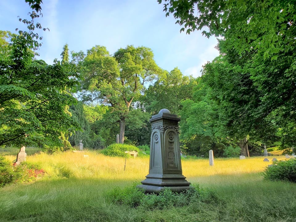 Mount Auburn Cemetery graves in a grassy, tree-framed meadow.
