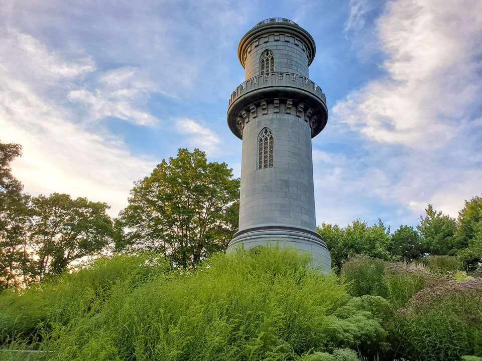 Washington Tower on a hill in Mount Auburn Cemetery.