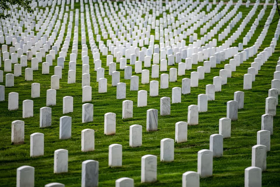 Rows of white tombstones at Arlington National Cemetery.