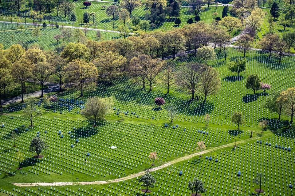 Aerial view of graves in Arlington National Cemetery.