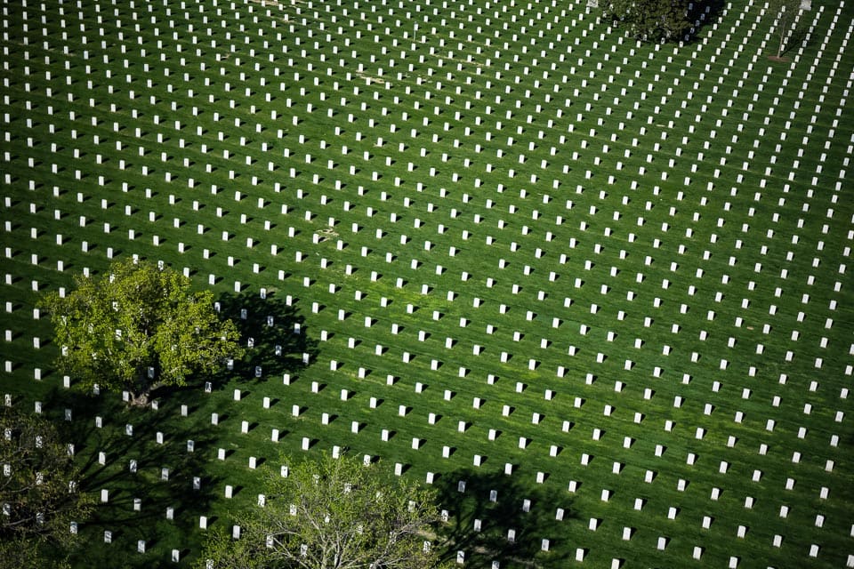 Aerial view of graves in Arlington National Cemetery.