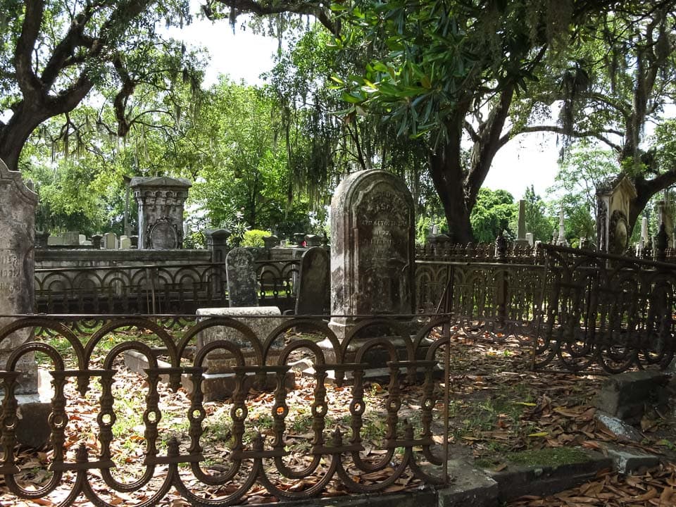 Tombstones in Magnolia Cemetery, one of the historic cemeteries in Charleston.