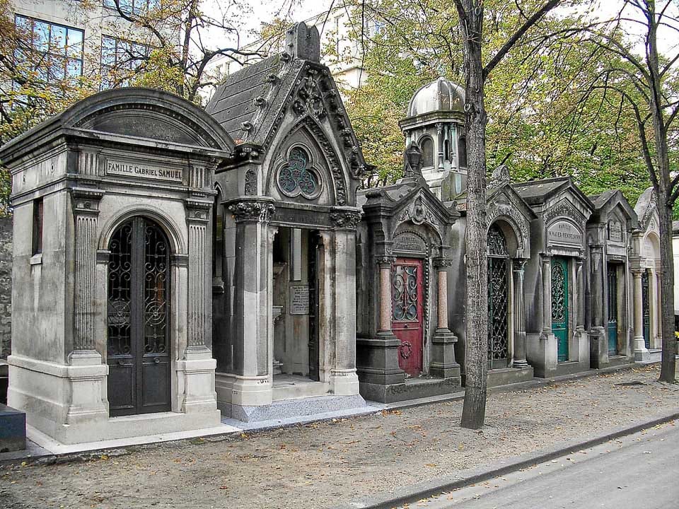 Row of tomb buildings in Montparnasse Cemetery.