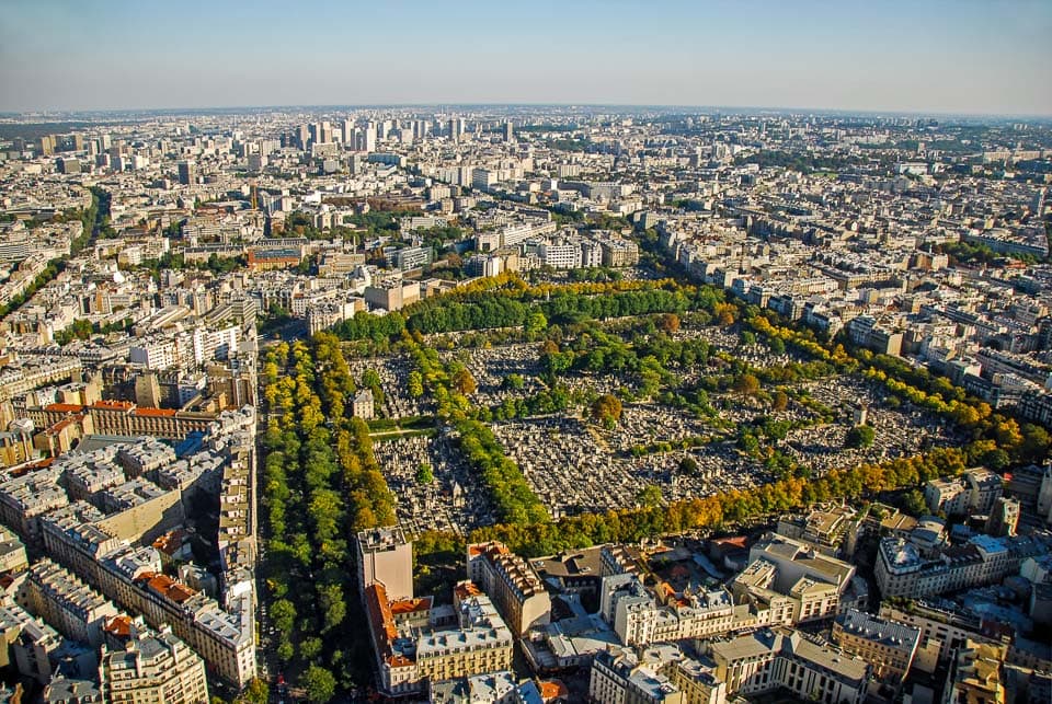 Aerial view of Montparnasse Cemetery and Paris.