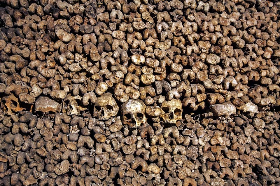Wall of bones and skulls in the underground Paris ossuary.