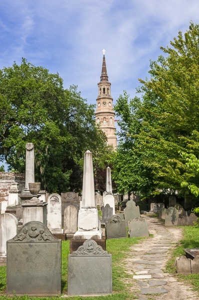 Graveyard with St. Philip's church steeple in the background.