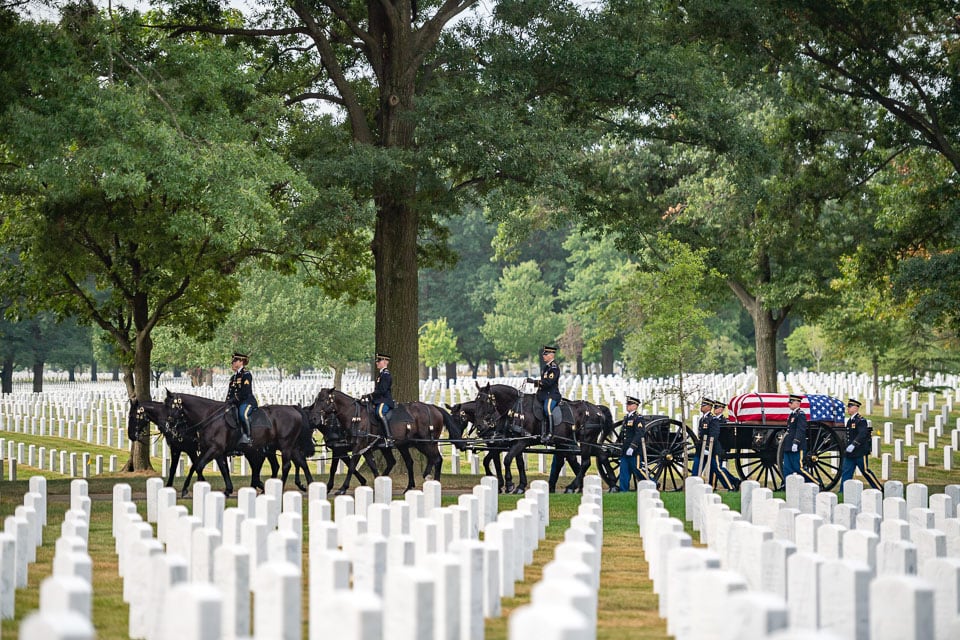 Horses pulling a coffin during a funeral in Arlington National Cemetery.