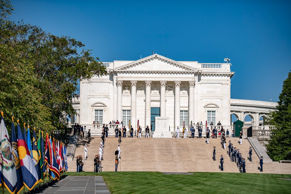 Ceremony in front of the Memorial Amphitheater and Tomb of the Unknown Soldier.