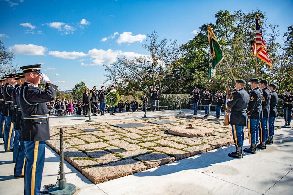 Wreath laying ceremony at President Kennedy's gravesite in Arlington National Cemetery.
