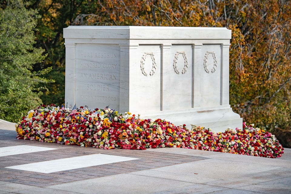 Flowers surrounding the Tomb of the Unknown Soldier in Arlington National Cemetery. 