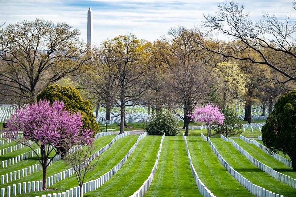 Rows of graves in Arlington National Cemetery with the Washington Monument in the background.