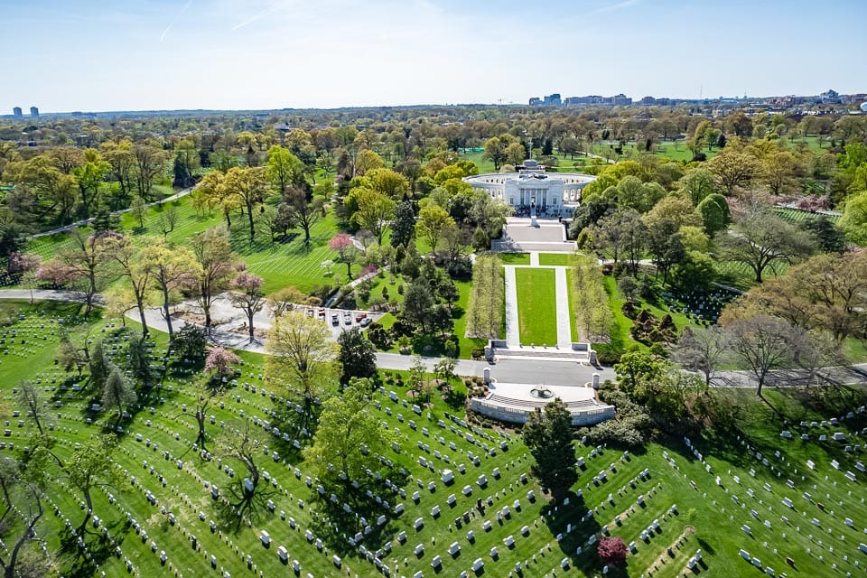 Aerial view of Arlington National Cemetery with the Memorial Amphitheater.