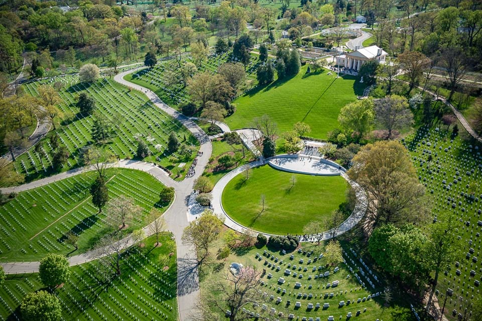 Aerial view of Arlington National Cemetery and Arlington House.