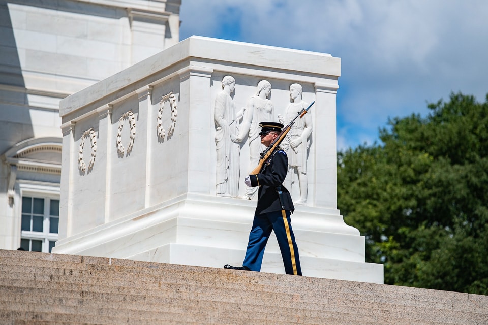 Soldier guarding the Tomb of the Unknown Soldier at Arlington National Cemetery.