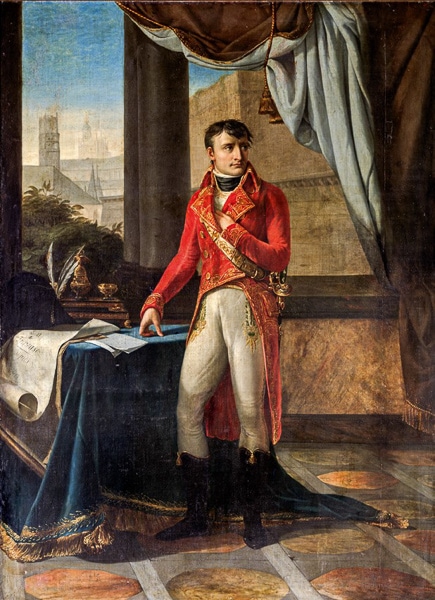 Painting of Napoleon Bonaparte standing beside a table with documents on it.