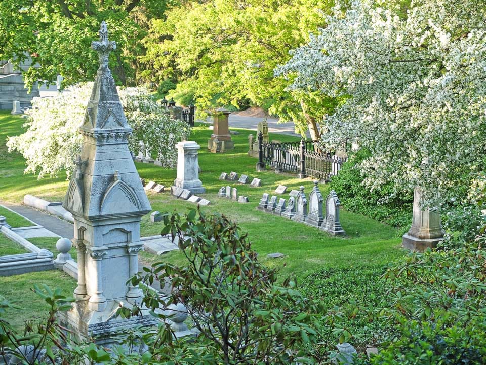 A variety of tombstones marking the burials in Mount Auburn Cemetery.