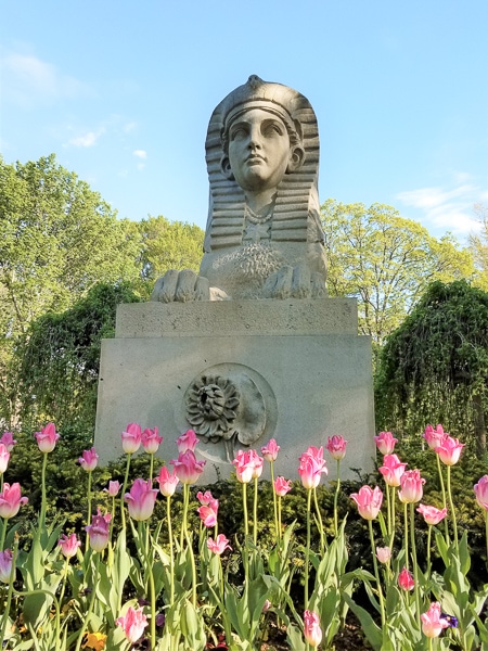 Front view of the sphinx in Mount Auburn Cemetery.