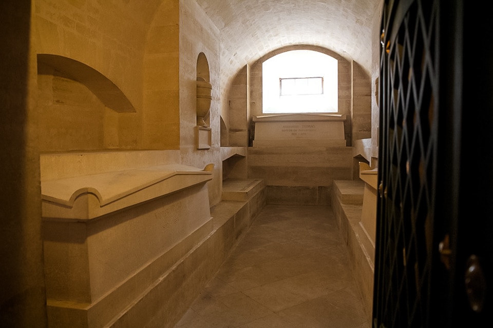 Tombs of Victor Hugo and Alexandre Dumas in the Pantheon crypt.