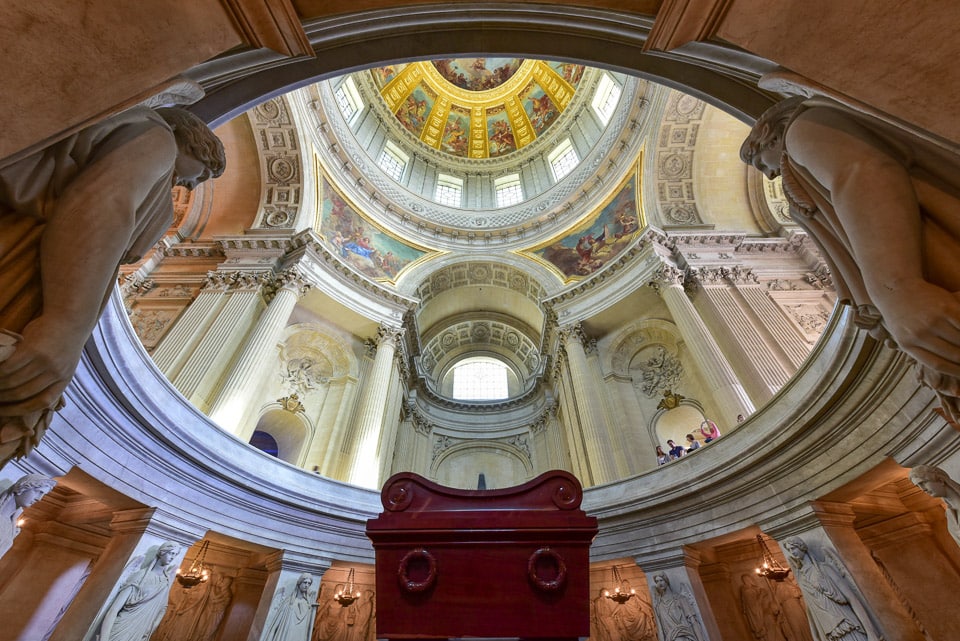 Napoleon Bonaparte's tomb under the golden dome of Les Invalides.