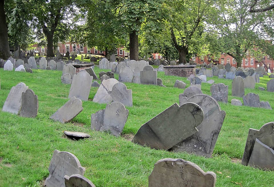 Rows of old, leaning graves in Copp's Hill Burying Ground.