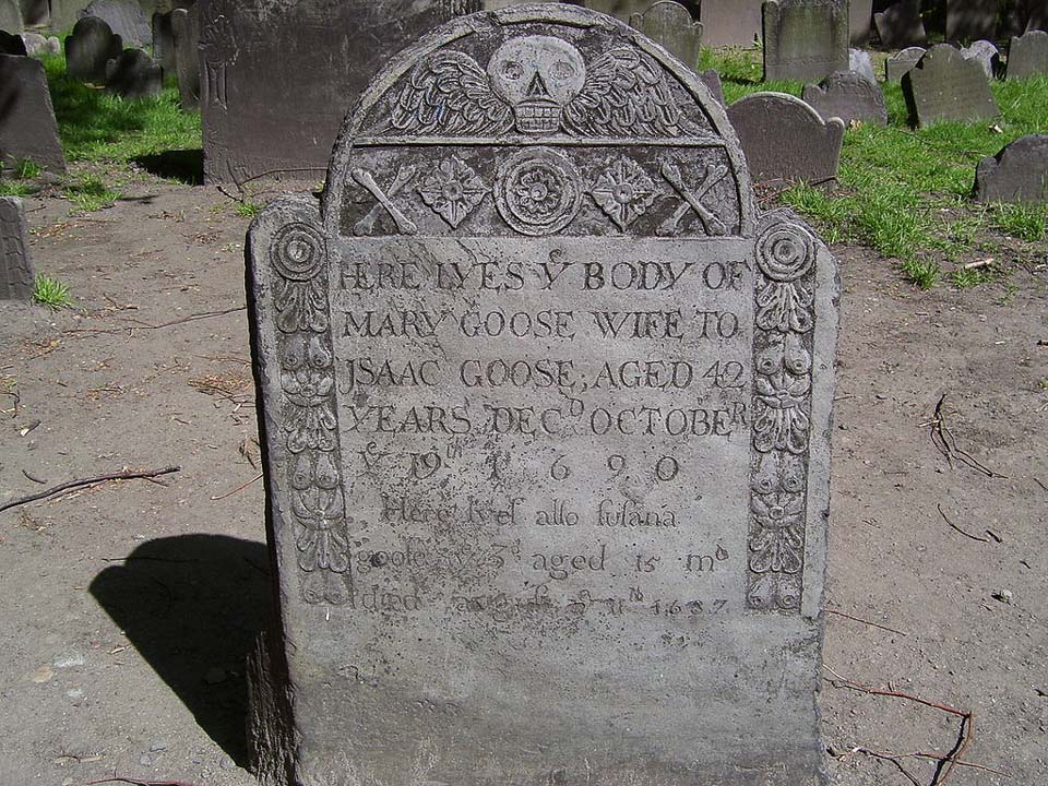 Tombstone marking Mary Goose's grave.
