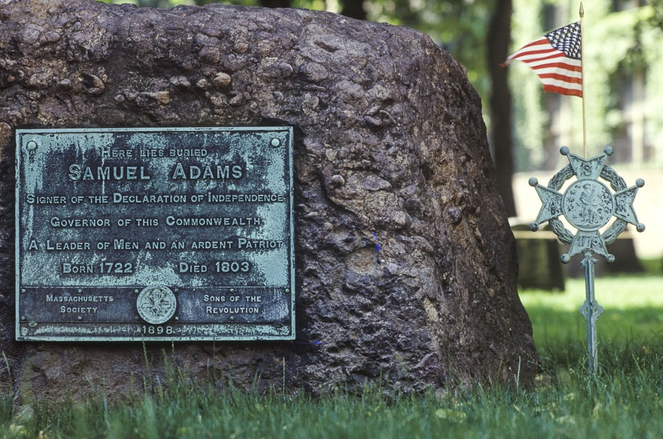 Stone and plaque marking Samuel Adam's grave.