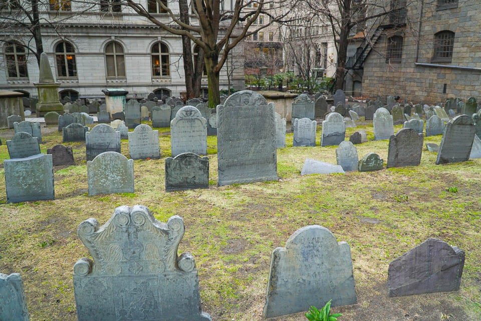 Rows of graves in King's Chapel Burying Ground.