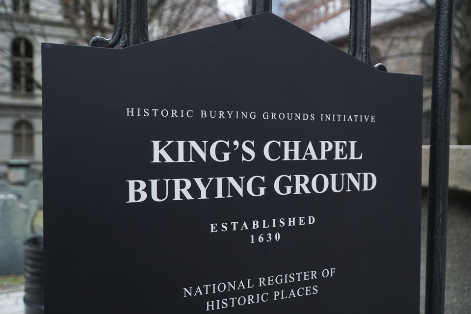 King's Chapel Burying Ground sign on the fence.