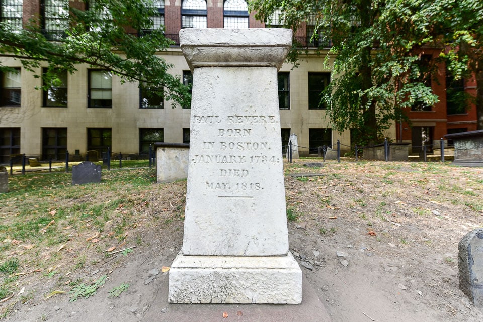 Stone pedestal marking Paul Revere's grave.
