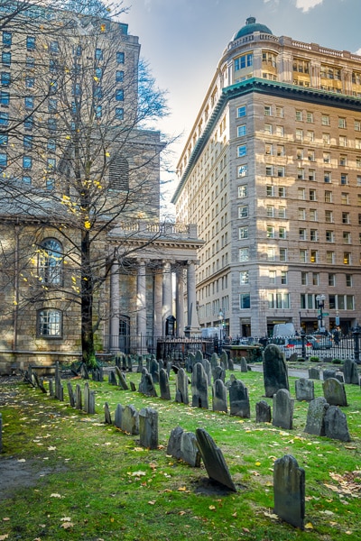 King's Chapel Burying Ground with tall buildings in the background.