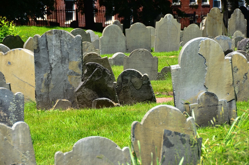 Old, worn graves in Copp's Hill Burying Ground.