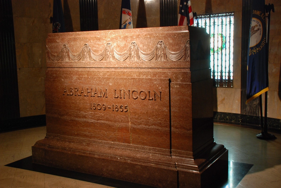 Burial site of Abraham Lincoln marked by a large marble block.