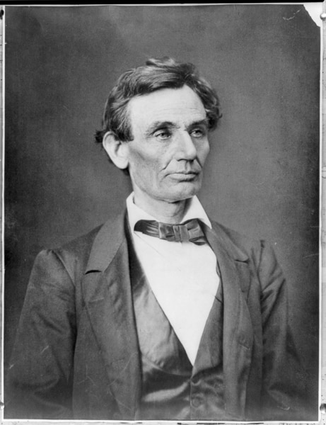 Black and white portrait of Abraham Lincoln.