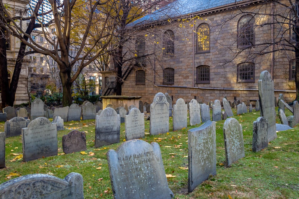 Rows of tombstones in King's Chapel Burying Ground.