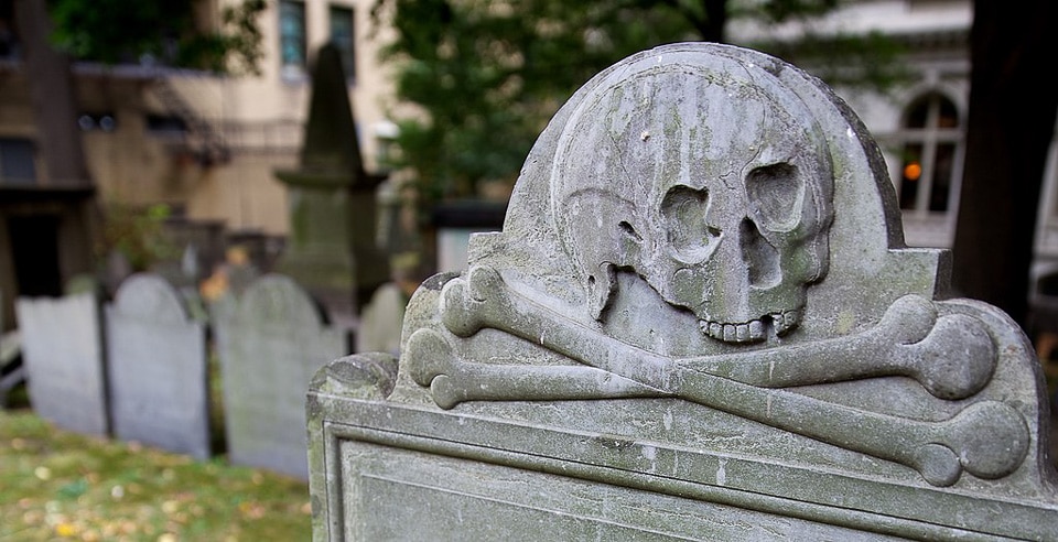 Skull and crossbones on a tombstone.