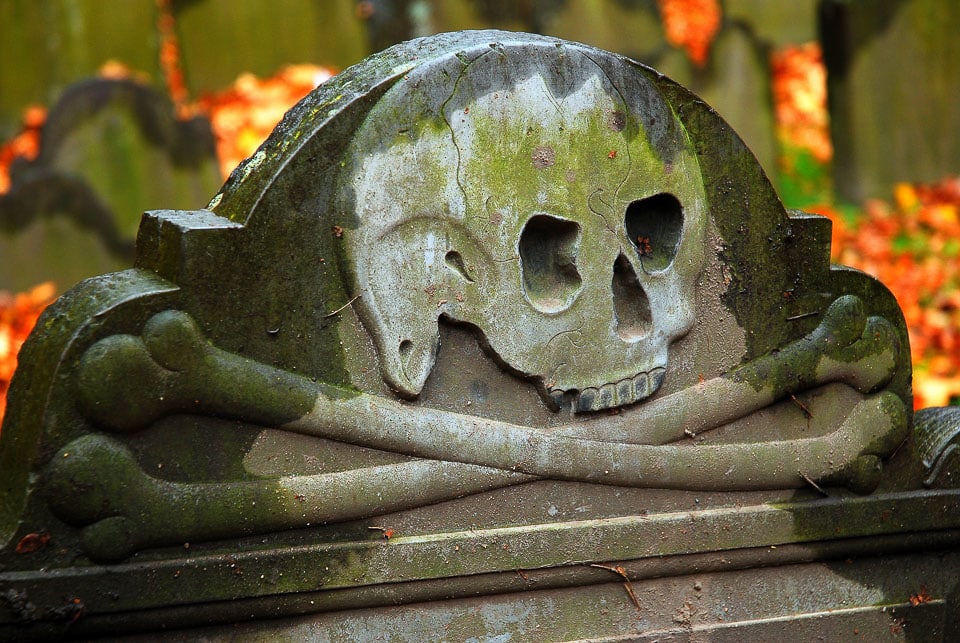 Closeup of a skull and crossbones on a tombstone.