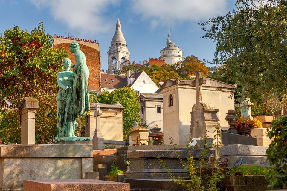 Tombs, graves, and funerary art in one of Paris' cemeteries.
