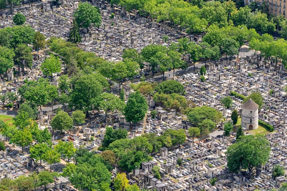 Aerial view of Montparnasse Cemetery in Paris.