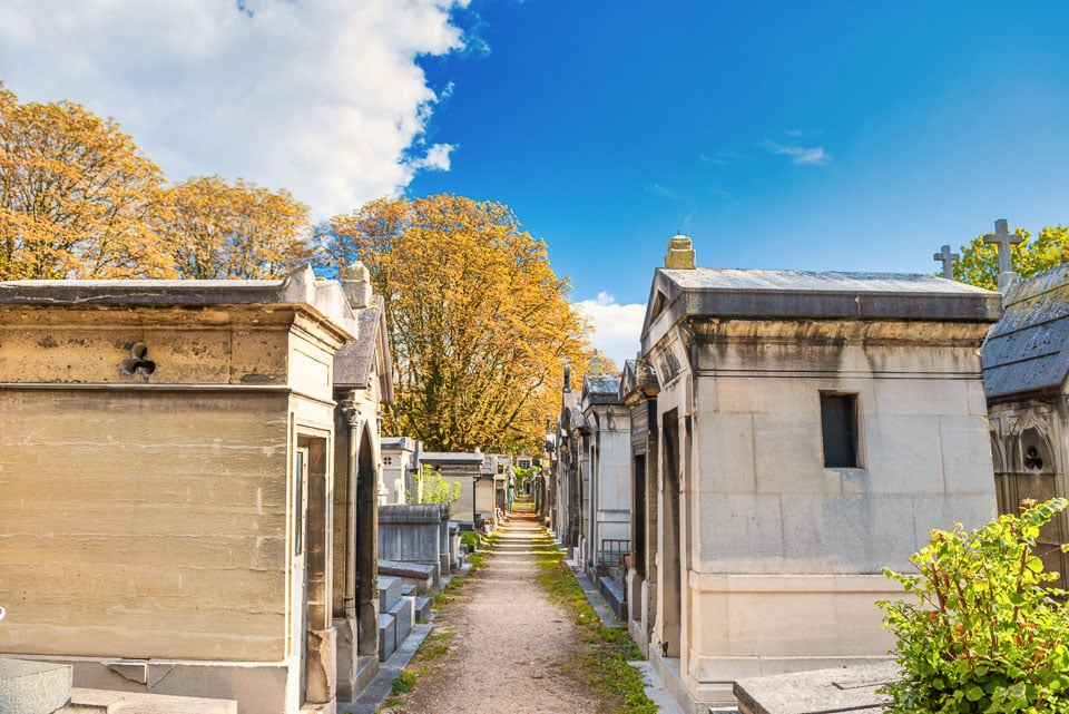 Path lined by tombs and mausoleums in a Paris cemetery.