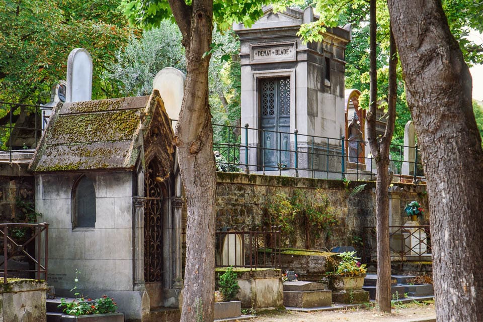 Tombs and trees in a Paris cemetery.