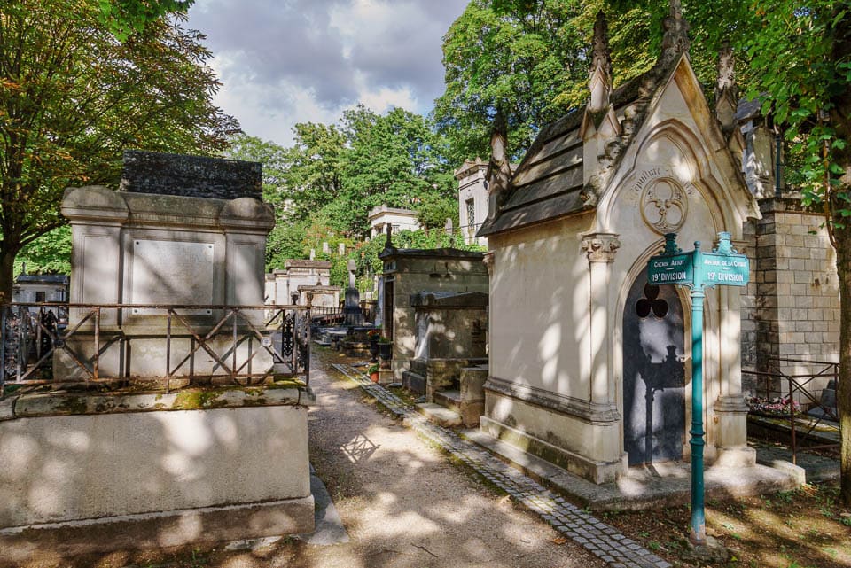 Mausoleums lining a path in one of the cemeteries in Paris.