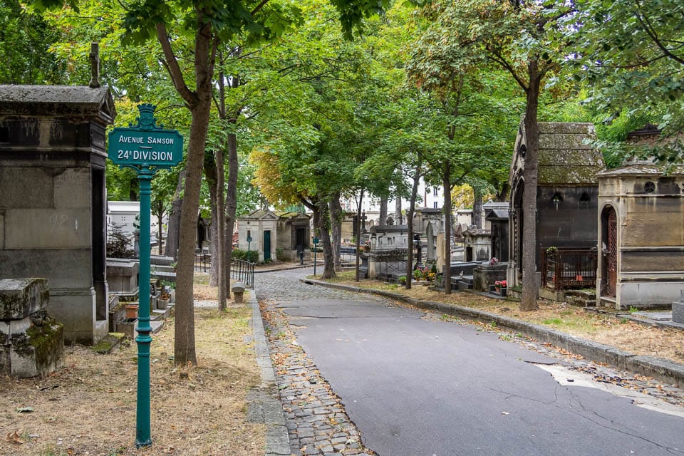 Path lined by trees and tombs in Montmartre Cemetery.