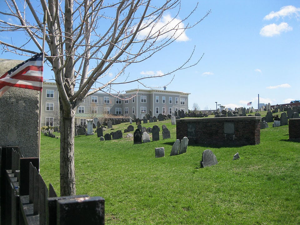 Graves on a hill in Phipps Street Burying Ground.