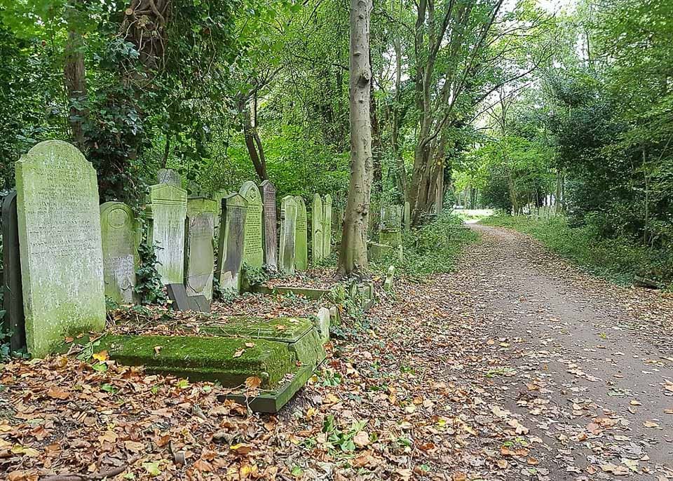 Tombstones beside a path in Tower Hamlets Cemetery Park.
