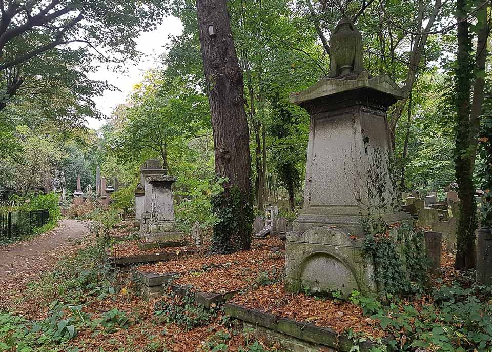 Trees and tombstones in Tower Hamlets Cemetery Park.