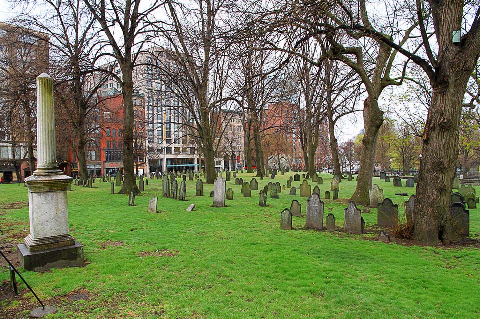 Graves and trees in Central Burying Ground in Boston Common.