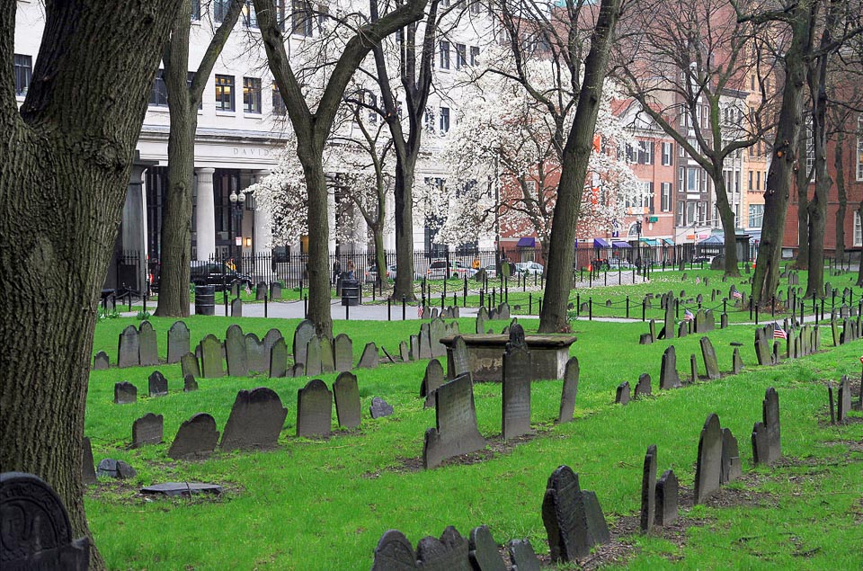 Rows of graves in Granary Burying Ground, Boston.